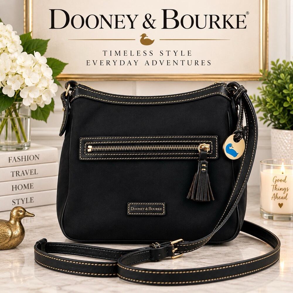Dooney & Bourke Black Crossbody Bag Leather Trim Tassel Zip Shoulder Purse